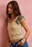 Wavy Textured Knit Top With Fluttered Sleeves