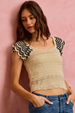 Wavy Textured Knit Top With Fluttered Sleeves