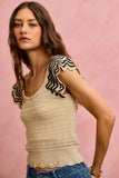 Wavy Textured Knit Top With Fluttered Sleeves
