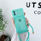 Transparent Wallet Case for iPhone 13 12 11 Pro Xs Max Shockproof Card Crossbody Lanyard Rope Strap Cover Transparent Soft Case Necklace Phone Cover Colorful Case & Adjustable Strap
