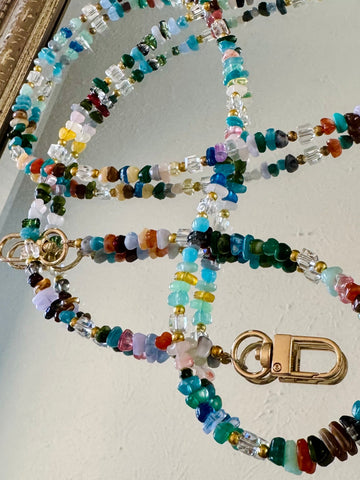 Rainbow Gemstone and Crystal Beaded ID Badge Lanyard / Crossbody Phone Strap / Bag Chain Purse Charm