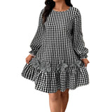 Plus Size Black Plaid Round Neck Long Sleeve Dress