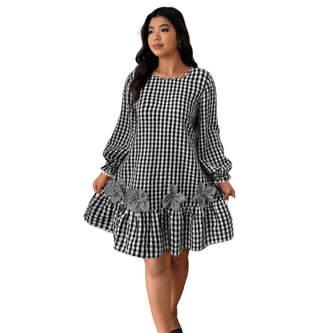 Plus Size Black Plaid Round Neck Long Sleeve Dress