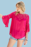 Size Small Fuchsia Floral Mesh Lace Top Bell Sleeves